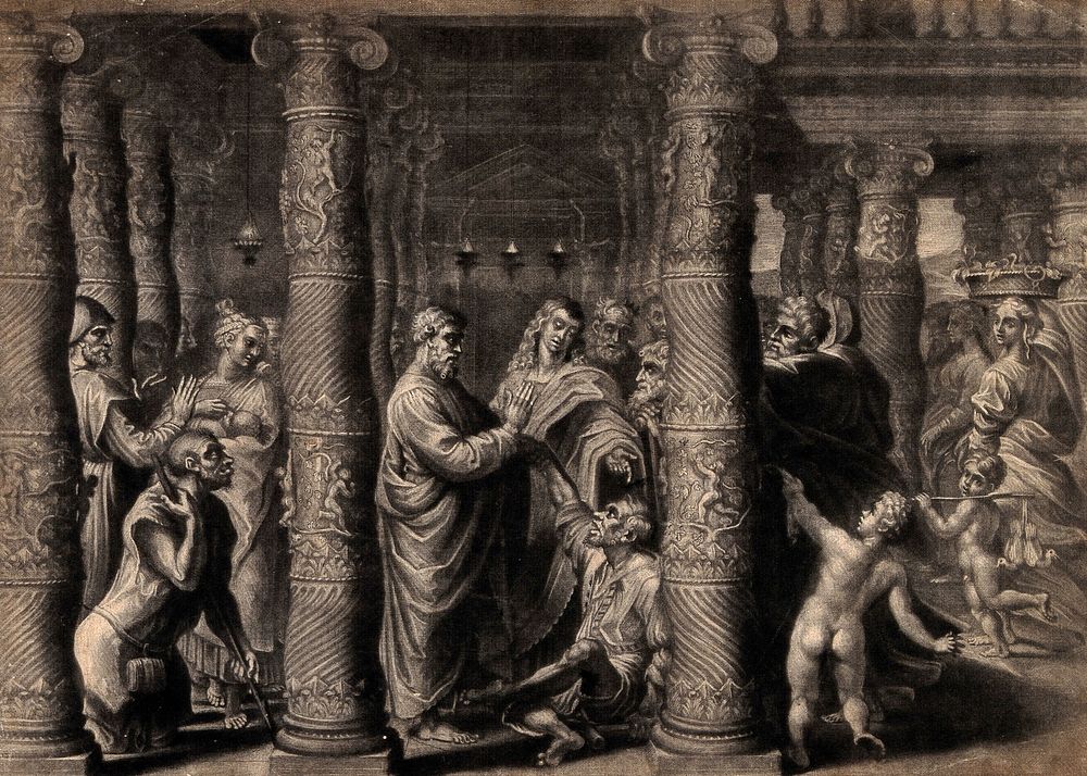 The apostles Peter and John heal the lame man. Mezzotint by J. Simon after Raphael.