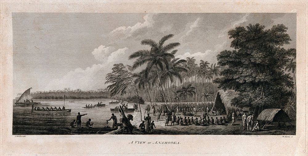 Captain Cook and his crew setting up a market on the island of Nomuka, Tonga, for trade with local people, who are seated in…