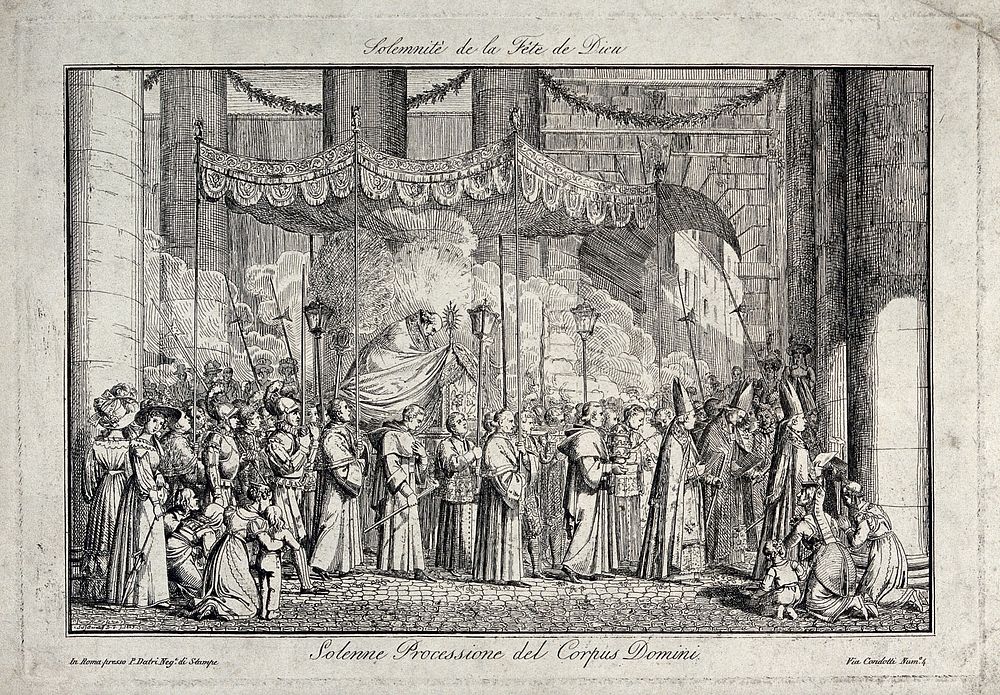 A papal Corpus Christi procession in Rome. Etching by Sal. Baratti , 1829.