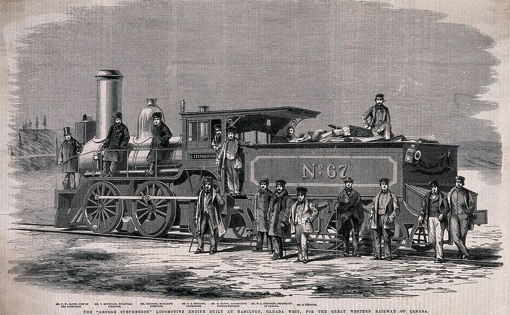 Hamilton, Ontario: the steam locomotive 'George Stephenson' with representatives of the Great Western Railway of Canada.…