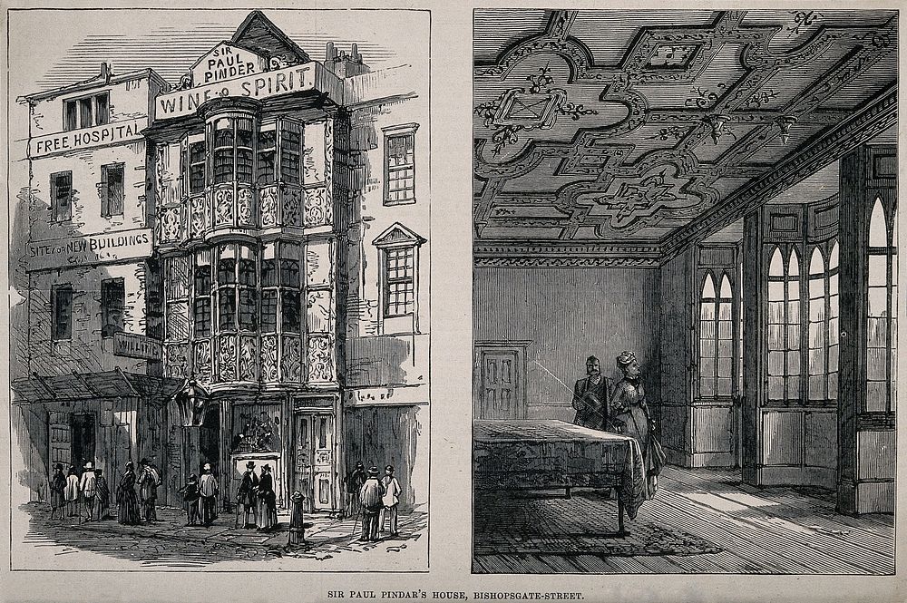 Buildings in Bishopsgate, London, including the Free Hospital and Sir Paul Pindar's house: view of the facade when in use as…