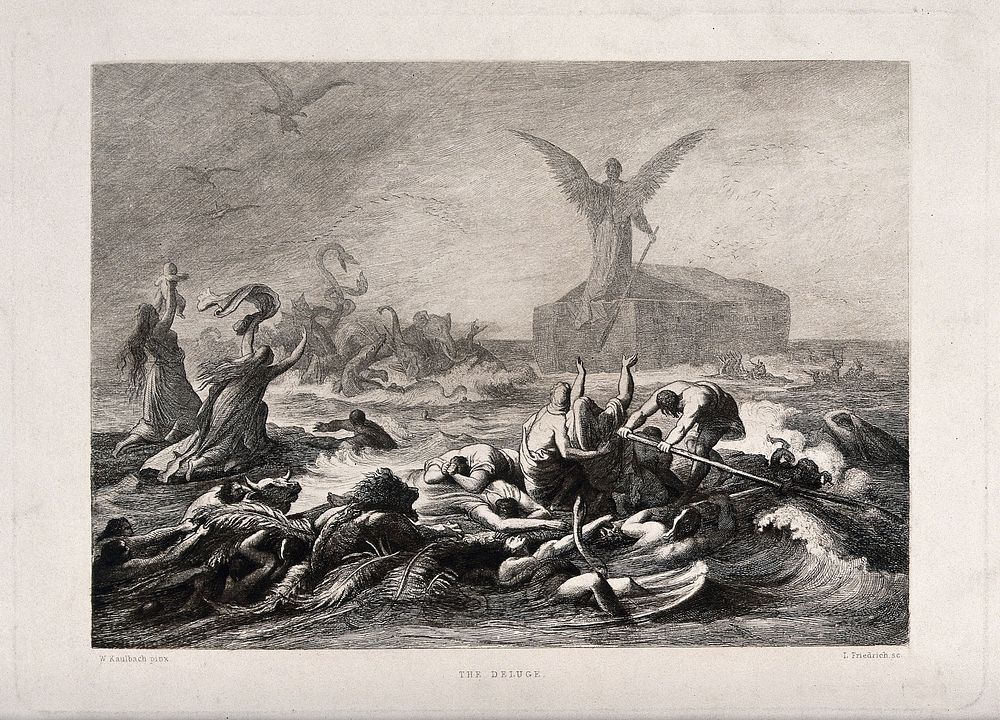 A huge angel stands atop Noah's ark, its back turned towards the entwined mass of drowning creatures; people pray and one…