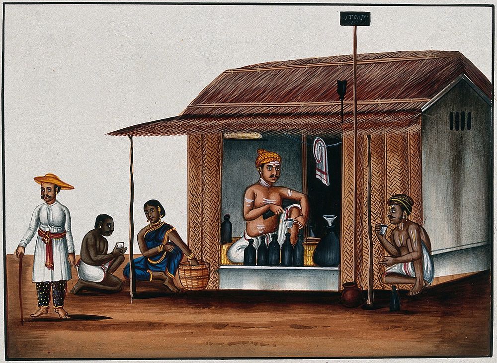 A man seated in a arrack shop pours a drink. Watercolour by an Indian artist.