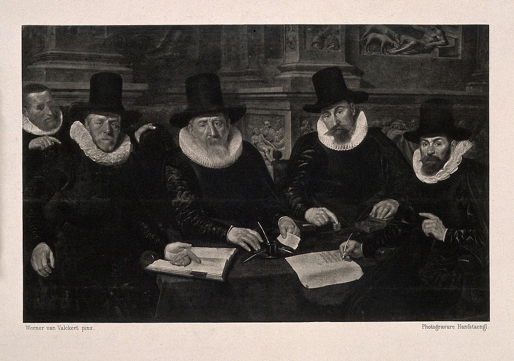 The master and four governors of the leper asylum at Amsterdam. Photogravure after W. Valckert, 1624.