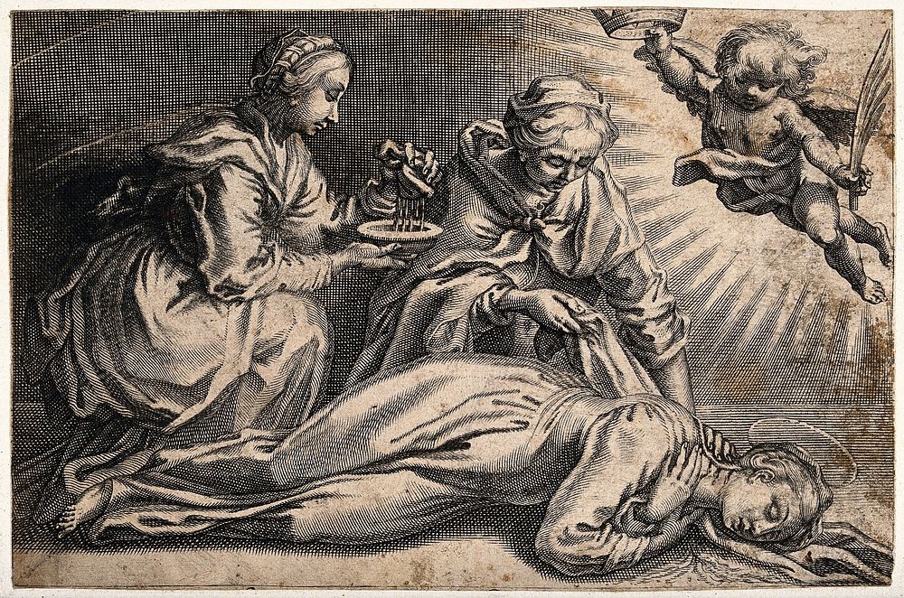 Saint Praxedes (Praxedis) and Saint Pudentiana mopping up the blood of a female martyr. Engraving.