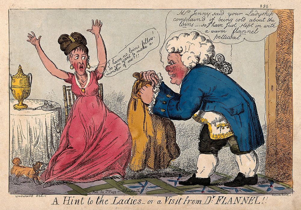Dr. Flannel suggests to a fashionable lady that she wear a flannel petticoat to keep her legs warm. Coloured etching by I.…