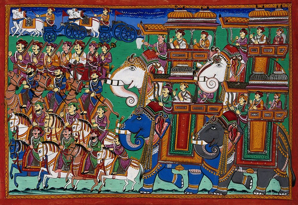 An Indian military procession with camels, elephants and horses. Gouache drawing.