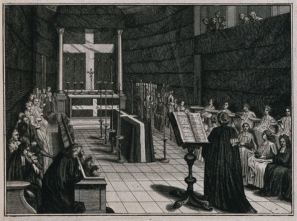 A coffin layed out on a bier in a chapel surrounded by a choir. Etching by B. Picart, 1724.