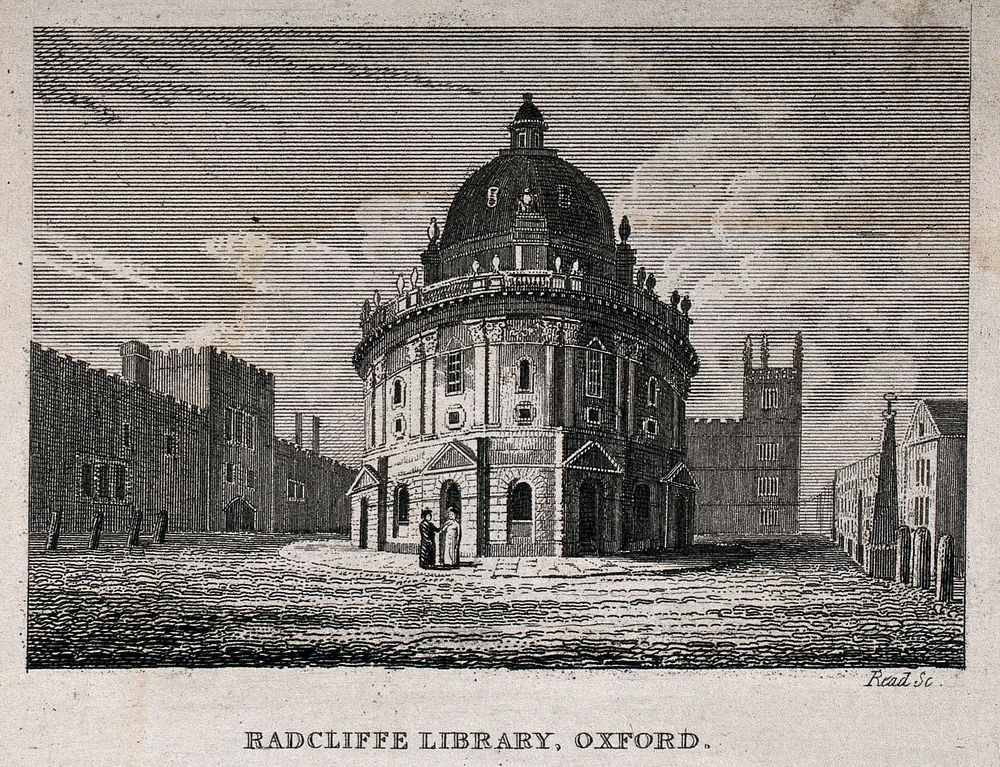 Radcliffe Camera, Oxford: panoramic view of exterior showing Brasenose College and the Bodleian Library. Line engraving by…
