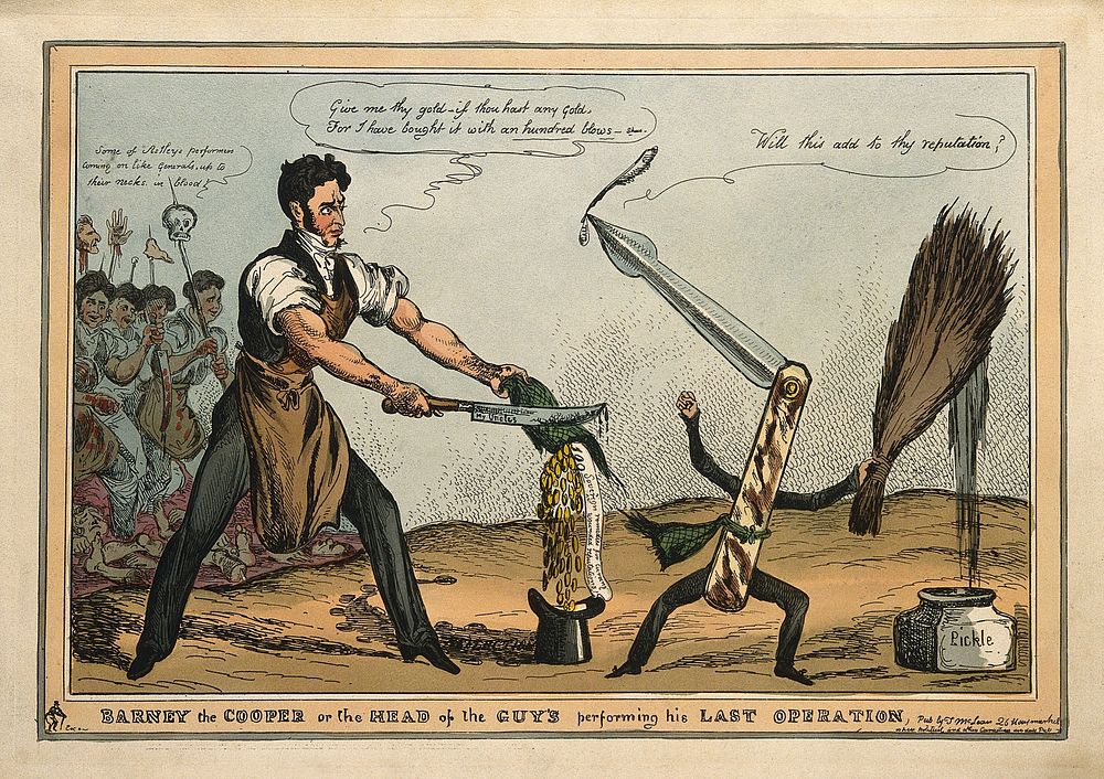 Bransby Blake Cooper, acquiring gold coins by his appointment to Guy's Hospital, is attacked by a lancet, representing the…