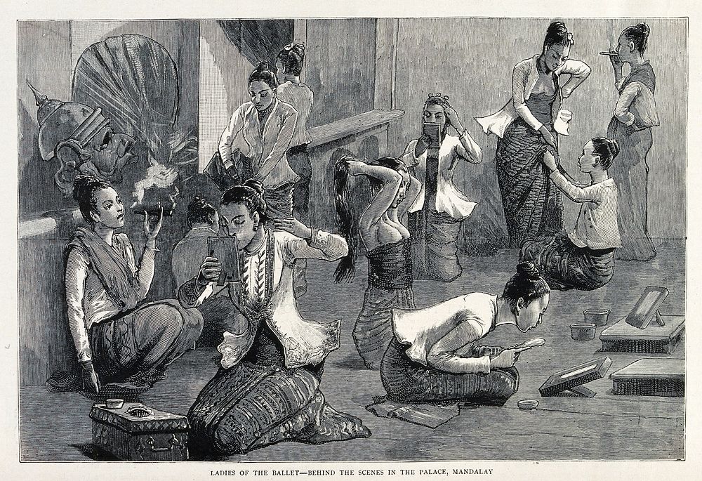 Ballet dancers preparing to perform. Wood engraving.