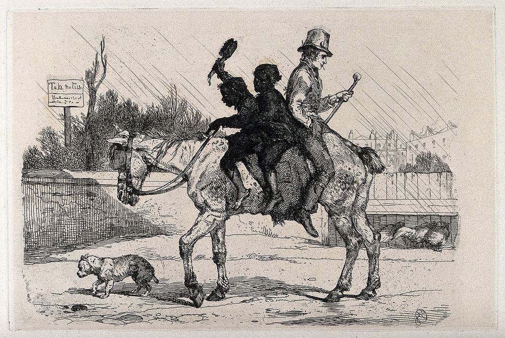 Two young chimney sweeps on a decrepit horse, in a yard; a man is seated behind them, facing backwards. Etching after E.H.…