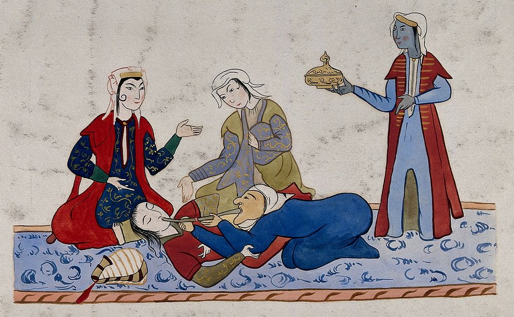 A Persian healer is administering nasal medication to a man lying on the floor; three men in the background. Painting, ca.…
