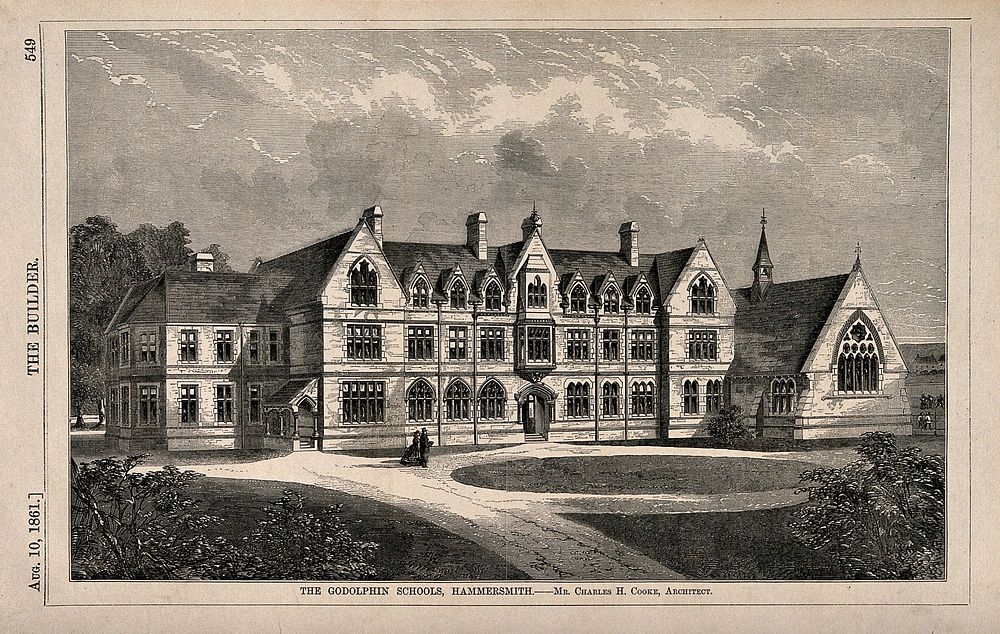 The Godolphin schools, Hammersmith, London: perspective view. Wood engraving, 1861, after C. H. Cooke.