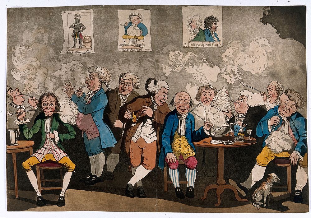 Georgian gentlemen smoking, drinking and reading newspapers at their club. Coloured aquatint by John Caspar Ziegler after…