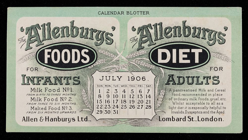 The 'Allenbury' Foods for infants : The 'Allenburys' Diet for adults : July 1906.