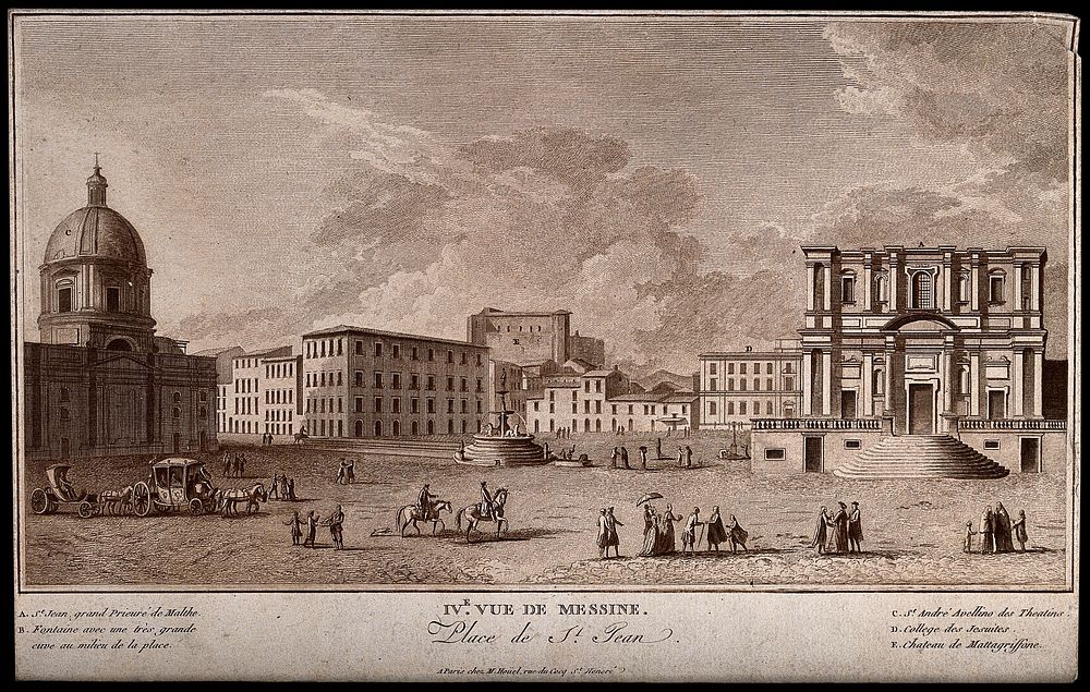 Messina Port, Messina, Sicily, Italy: St. John's Square, with a key. Tinted etching.