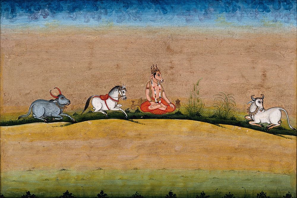 Varaha, a incarnation of Vishnu sitting with two cows and a horse. Gouache painting by an Indian artist.
