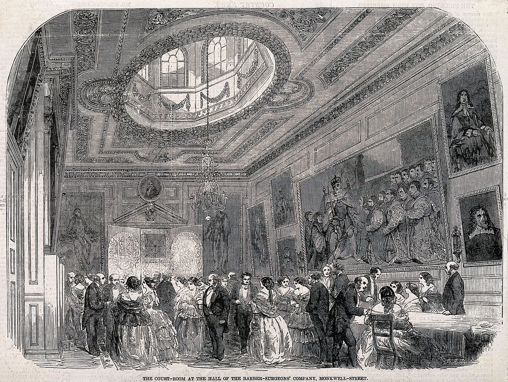 Barber-surgeons' Hall, Monkwell Street, London: the interior of the Court-Room, with a reception taking place. Wood…