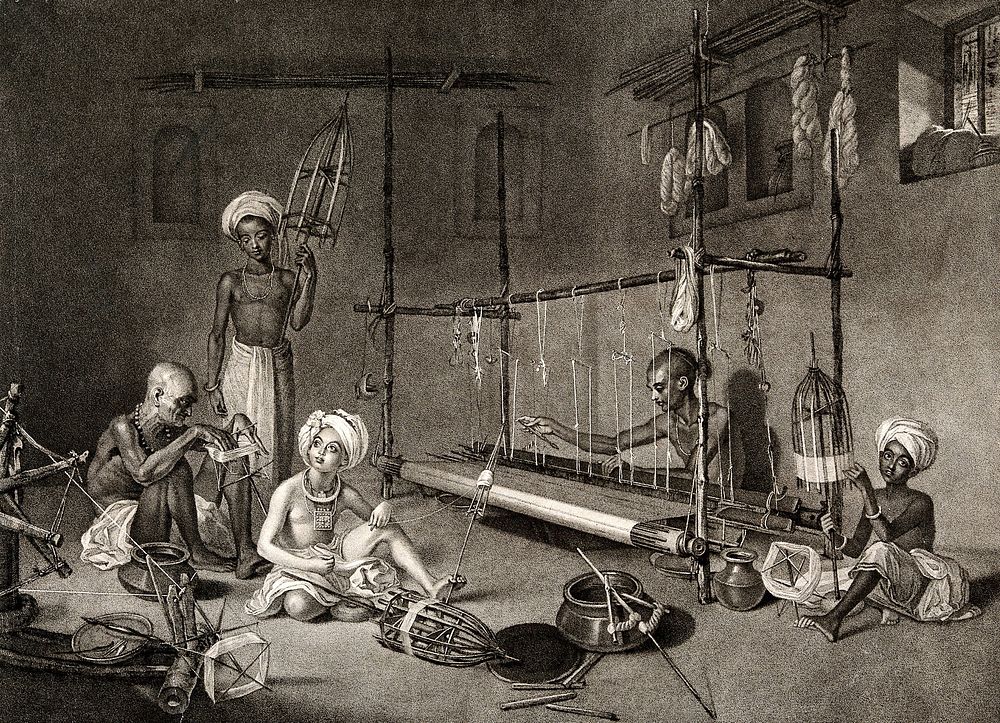 Textiles: several Indian workers spinning, and working at a loom. Stipple engraving by P.W. Tomkins, 1797, after A.W. Devis.
