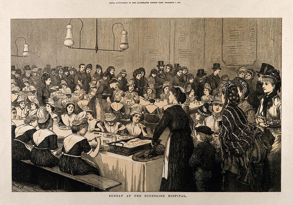 Fashionable London comes to observe Sunday lunch at the Foundling Hospital. Wood engraving by J. Swain, 1872, after H.T.…