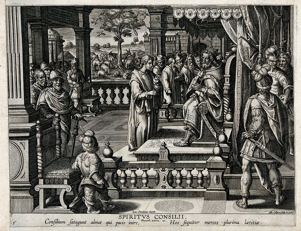 The power of counsel: Daniel interpreting the dream related by Nebuchadnezzar. Engraving by Adrian Collaert after Jan van…