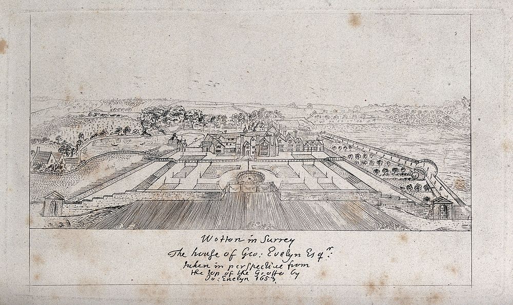 Wotton house and grounds in Surrey. Etching after J. Evelyn, 1653.