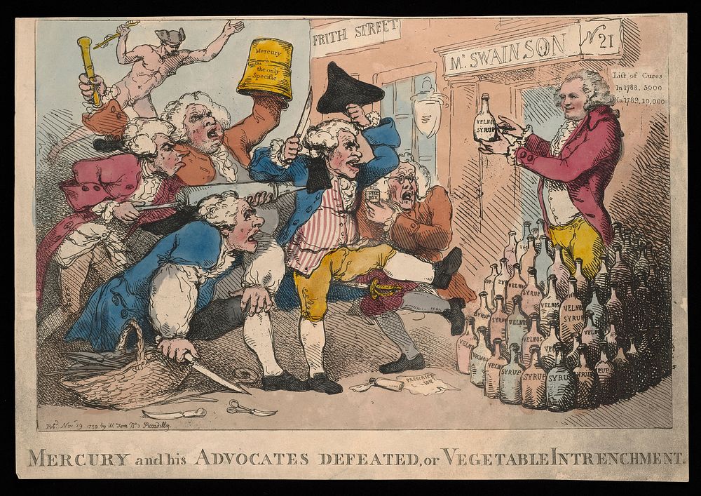 Isaac Swainson promoting his 'Velnos syrup', facing an onslaught of rival practitioners advocating mercury. Coloured etching…