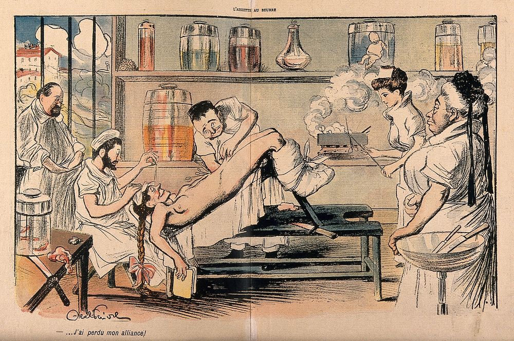 A surgeon loses his wedding ring inside the body of a female patient. Colour process print after J-A. Faivre, 1902.
