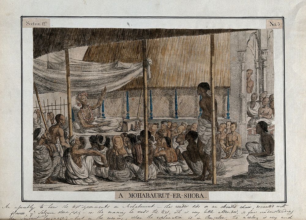 Crowd listening to recital and commentary on the Mahabharata, Calcutta, West Bengal. Coloured etching by François Balthazar…