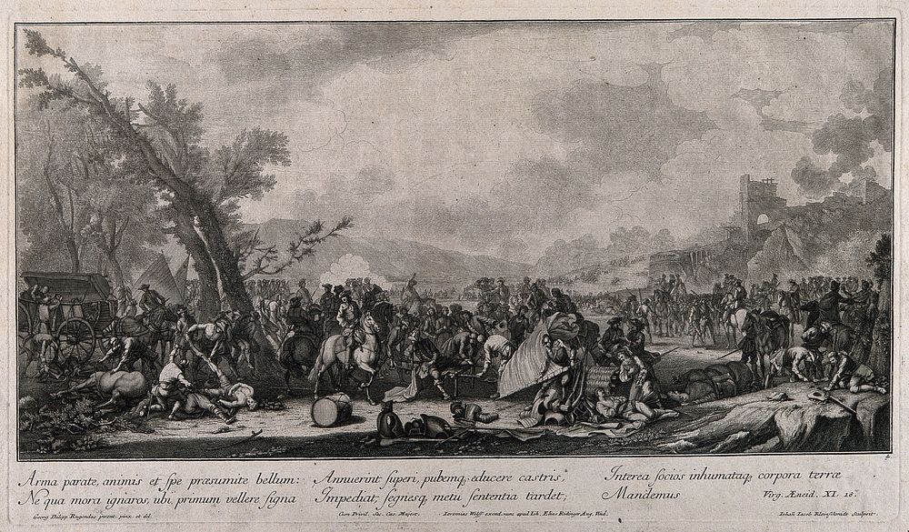 Chaos in the aftermath of battle with the dead and wounded being attended to as the armies retreat. Engraving by J. J.…