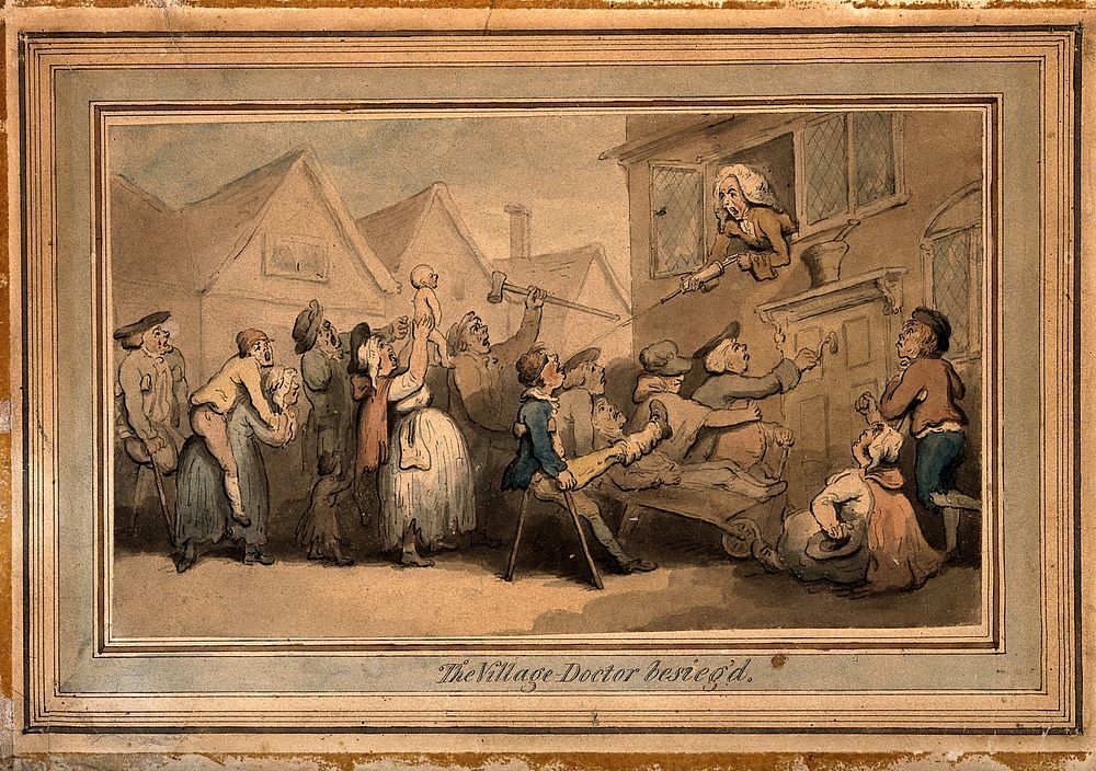A long queue (line) of angry patients agitating outside the house of a doctor (surgeon-apothecary); he squirts a syringe at…