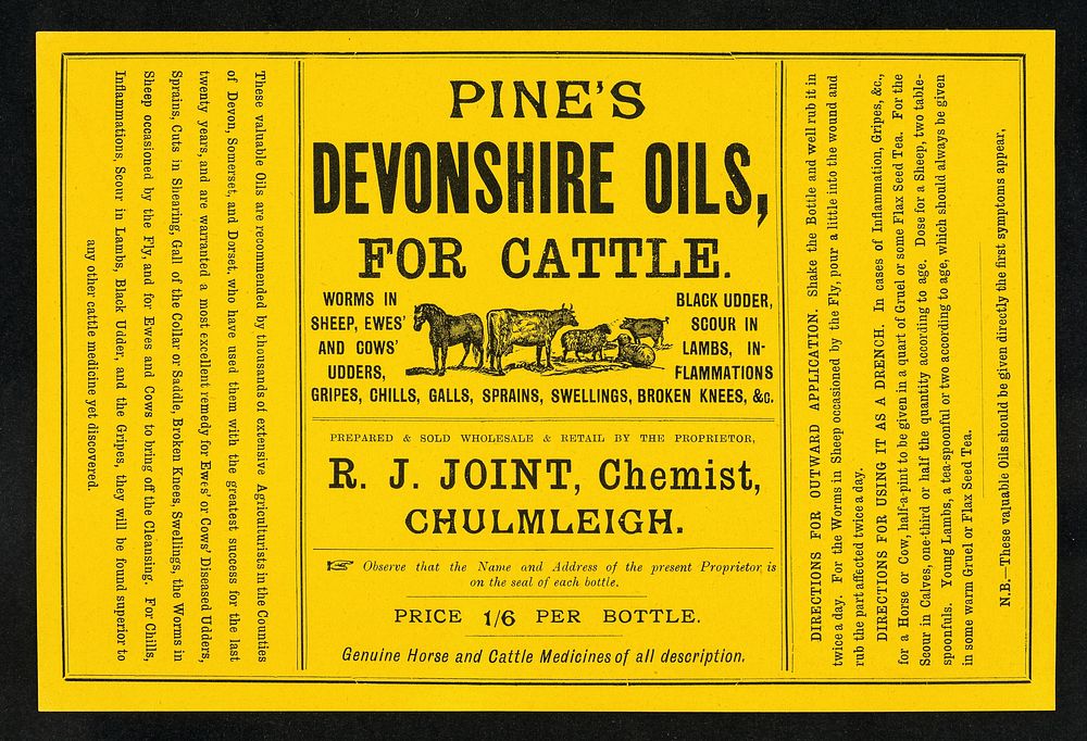 Pine's Devonshire oils, for cattle : worms in sheep, ewes' and cows' udders, black udder, scour in lambs, inflammations…