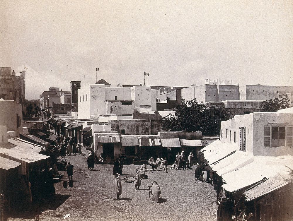 Algeria : view of the buildings, street and shops. Photograph.