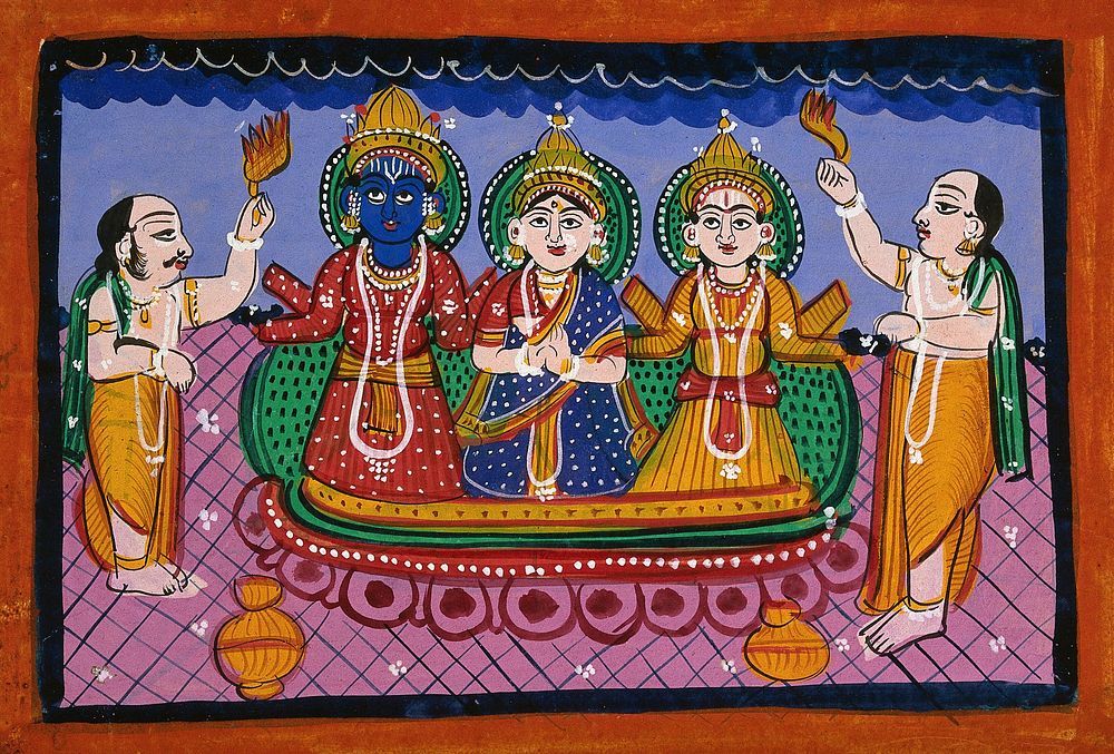 Krishna, Rakmini, Balarama in Jagannāth style and two worshippers. Gouache drawing.
