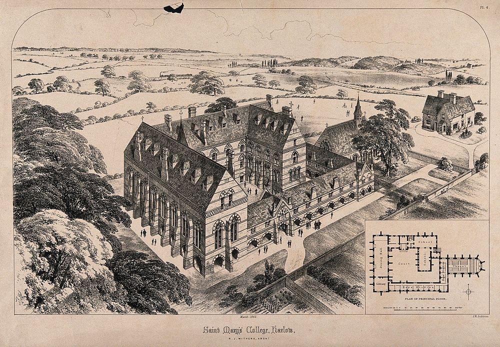 St. Mary's College, Harlow, Essex: bird's-eye view and scale plan. Transfer lithograph by J.R. Jobbins, 1862, after R.J.…