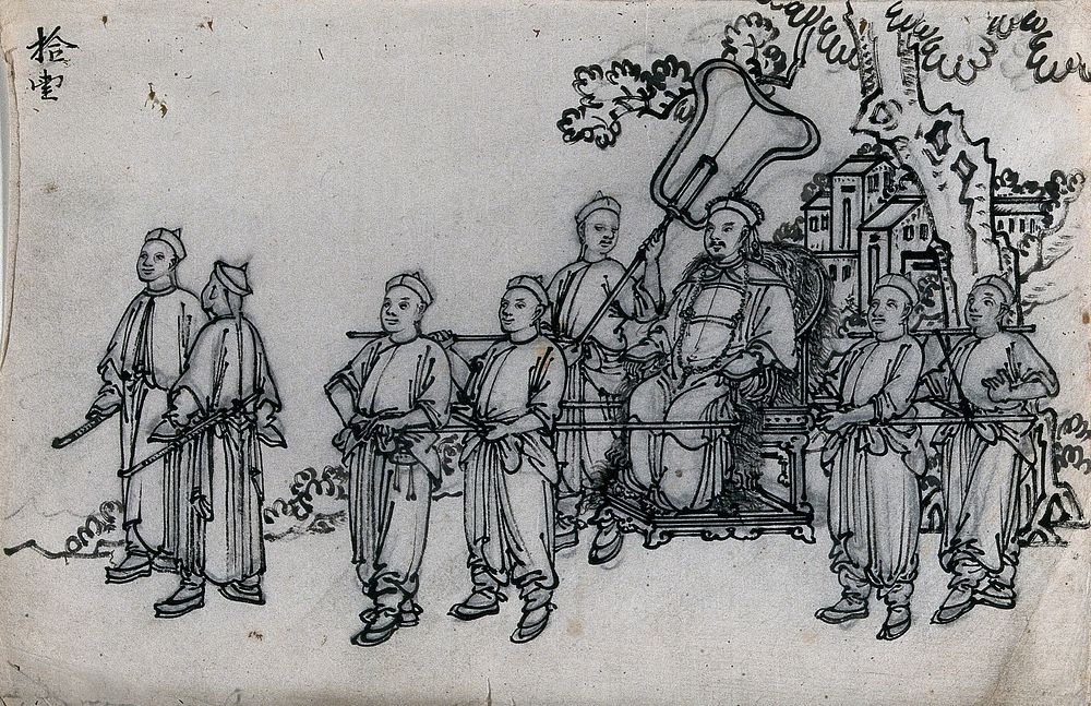 A Chinese procession in honour of the god of spring: a Mandarin is shown being carried in a sedan chair. Ink drawing, China…