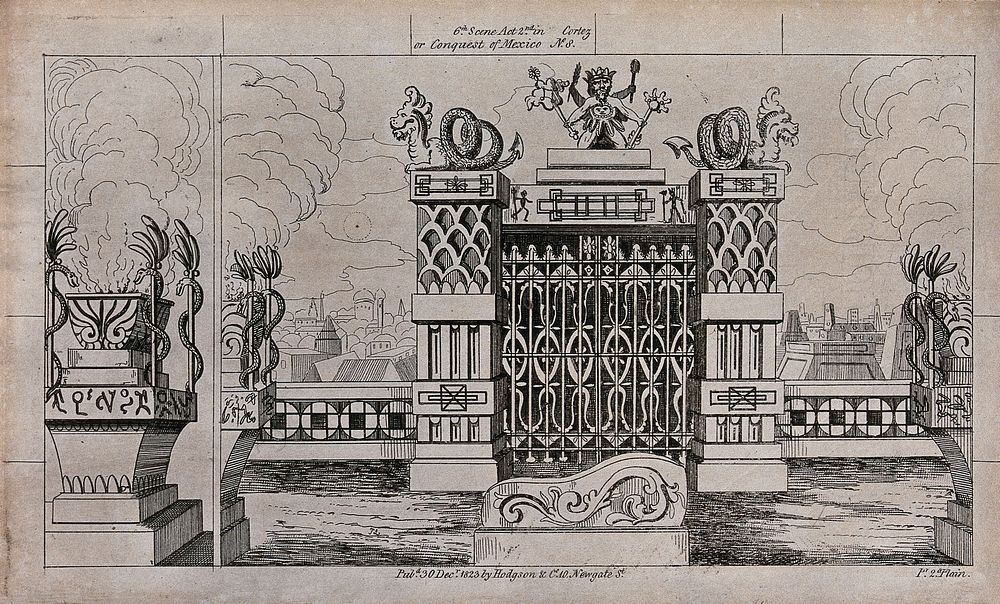Scenery to be used in a toy theatre: a large gateway between two decorated pillars surmounted by dragons set overlooking a…