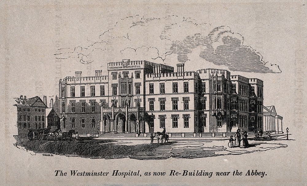 The Westminster Hospital, London. Wood engraving by T. Bagg.