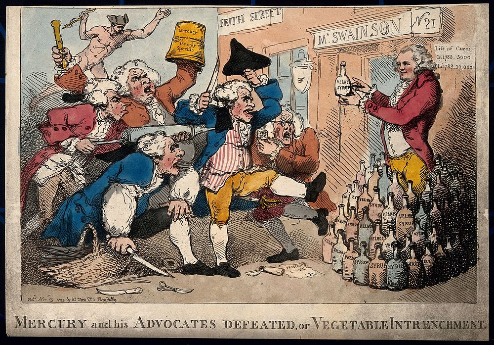 Isaac Swainson promoting his 'Velnos syrup', facing an onslaught of rival practitioners advocating mercury. Coloured etching…