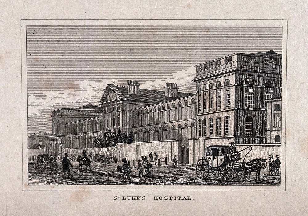 St Luke's Hospital, Cripplegate, London: the facade from the east. Engraving, 1834, after T. H. Shepherd, 1815.
