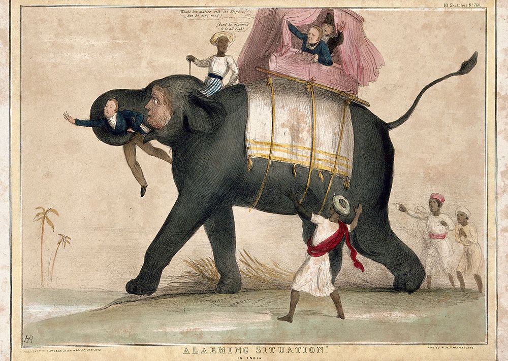 An elephant running wild with Lord Auckland in its trunk. Coloured lithograph by H.B. (John Doyle), 1843.