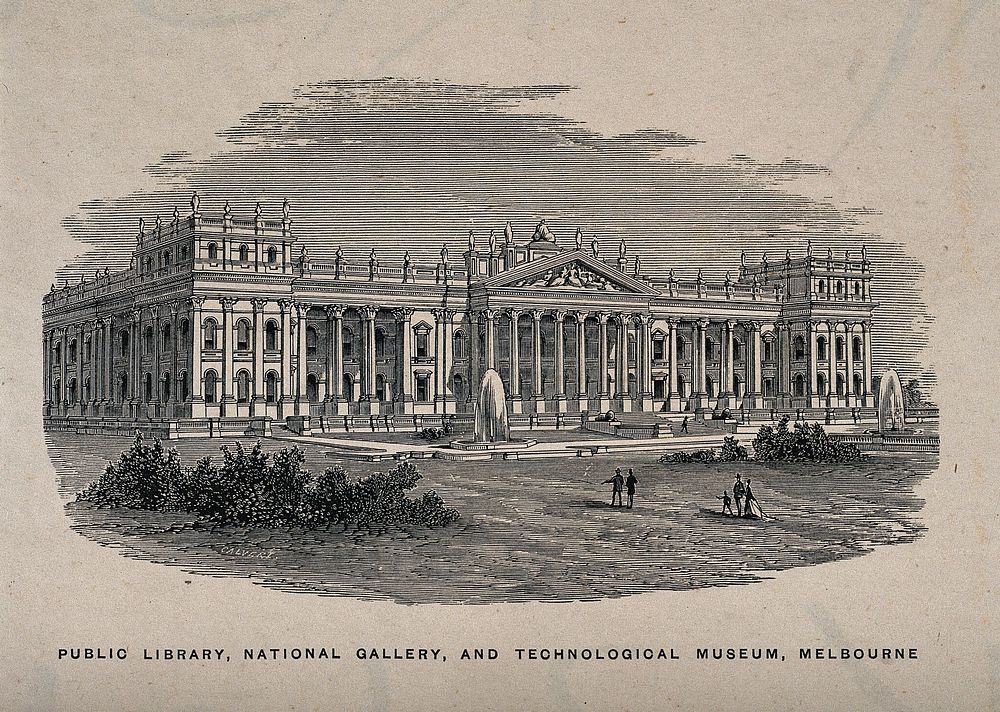Public Library, National Gallery, Technological Museum, Melbourne, Victoria. Wood engraving by S. Calvert, 1886.