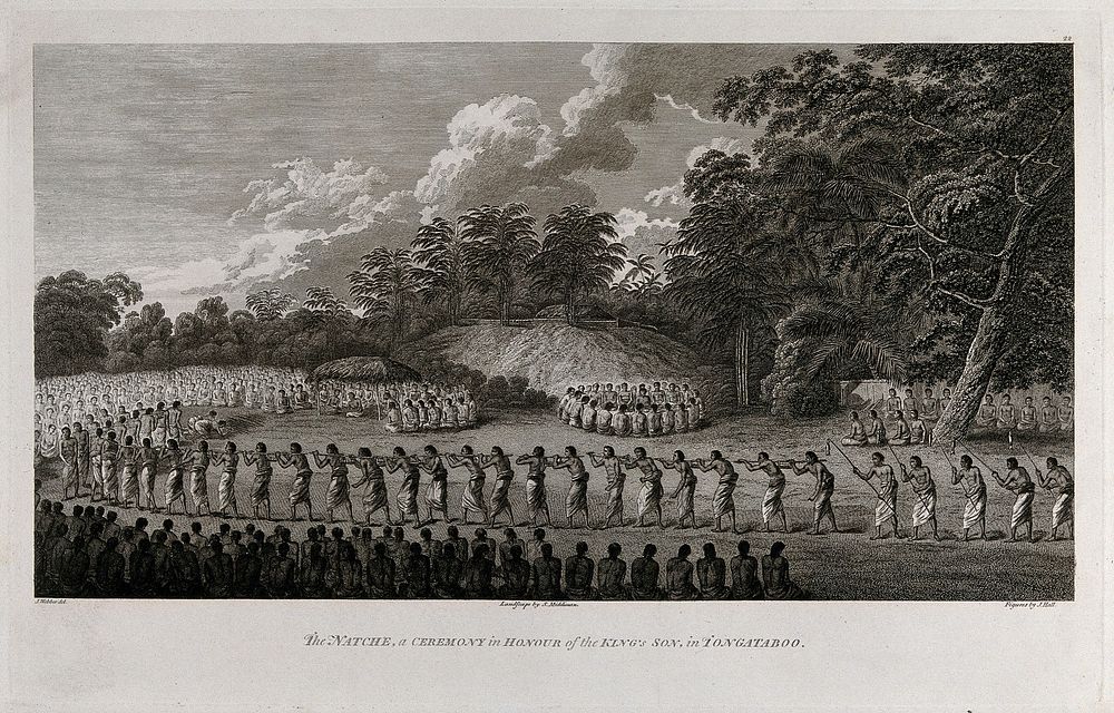 A ceremony in honour of the king's son, on the island of Tongatapu. Engraving by J. Hall and S. Middiman, 1784, after J.…