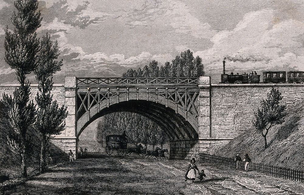 A steam train is travelling across a viaduct at Nanterre with a road, a carriage and horses underneath. Engraving by…