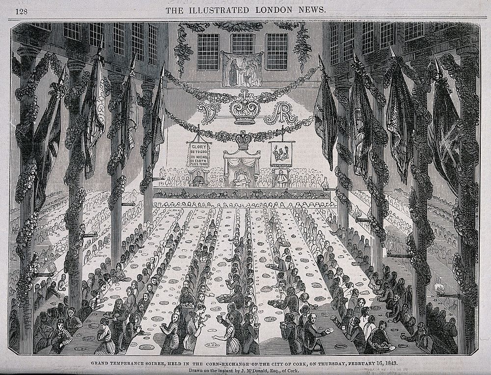 A great Temperance festival in the Corn-Exchange, Cork, in full swing. Wood-engraving after J. McDonald, 1843.