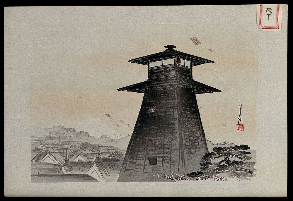 Flying kites over old Edo on a festival in early spring; a fire watchtower looms in the foreground and Fuji is visible in…
