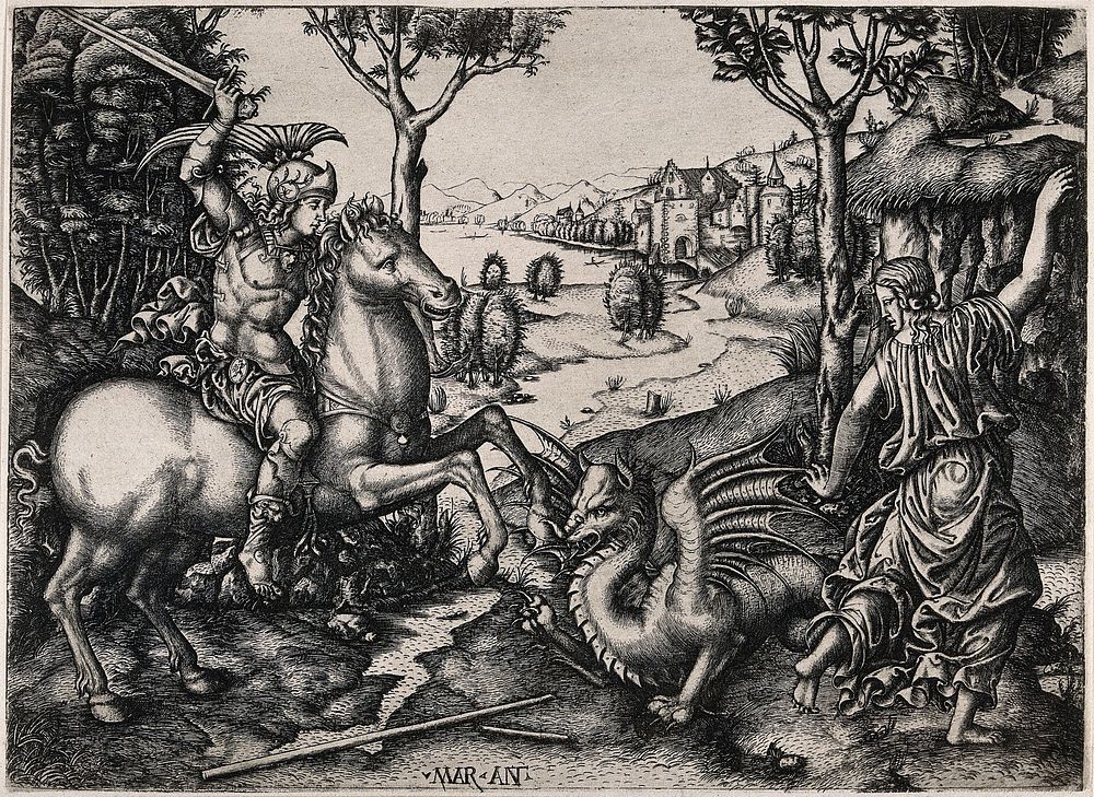 Saint George on horseback wearing armour is about to kill the dragon with his sword. Collotype after M. A. Raimondi.