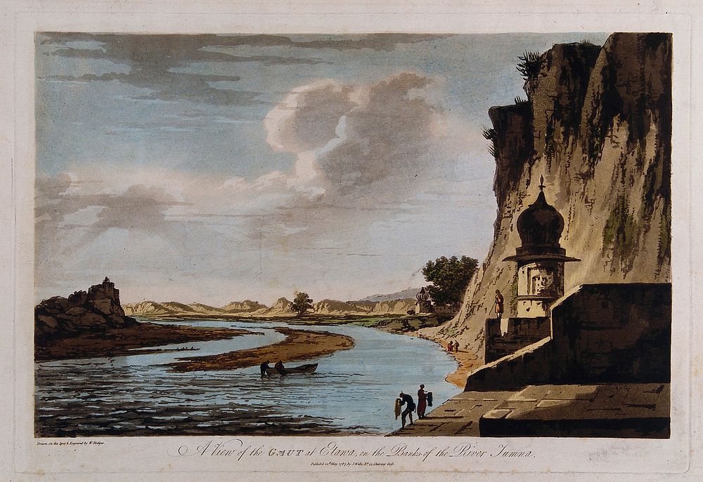 Ghat near Etawah on the river Yamuna, Uttar Pradesh. Coloured etching by William Hodges, 1787.