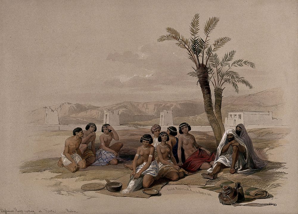 Male and female Ethiopian slaves resting, Korti, Sudan. Coloured lithograph by Louis Haghe after David Roberts, 1846.